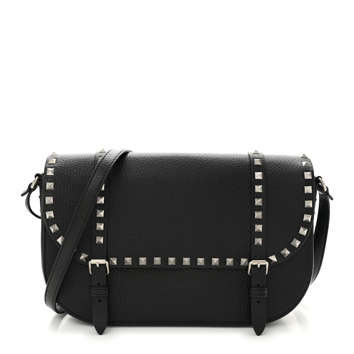 Valentino Garavani Pebbled Calfskin Large Rockstud Messenger Black 1 of 9