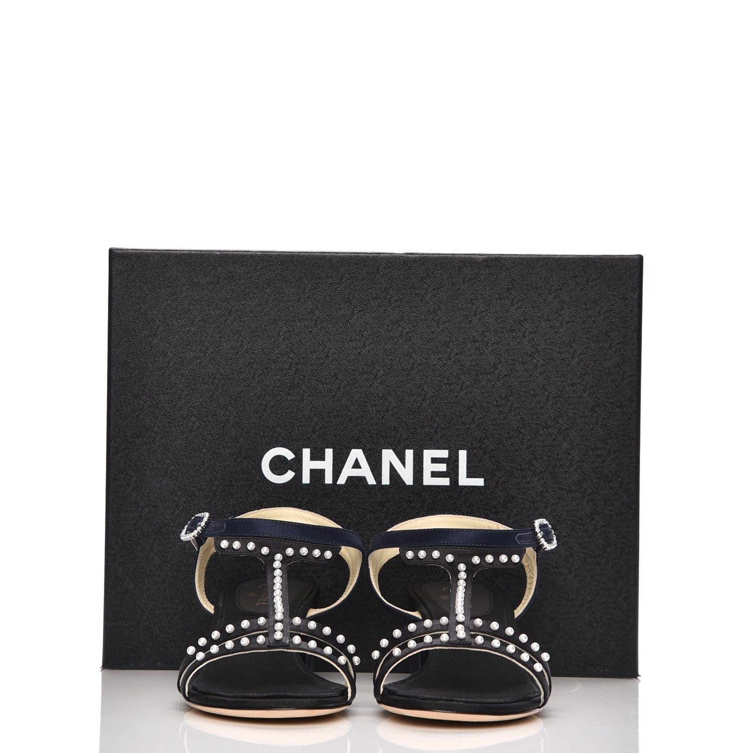 Chanel Satin Pearl Sandals 36.5 Black Navy 9 of 9