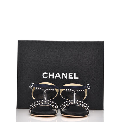 Chanel Satin Pearl Sandals 36.5 Black Navy 9 of 9