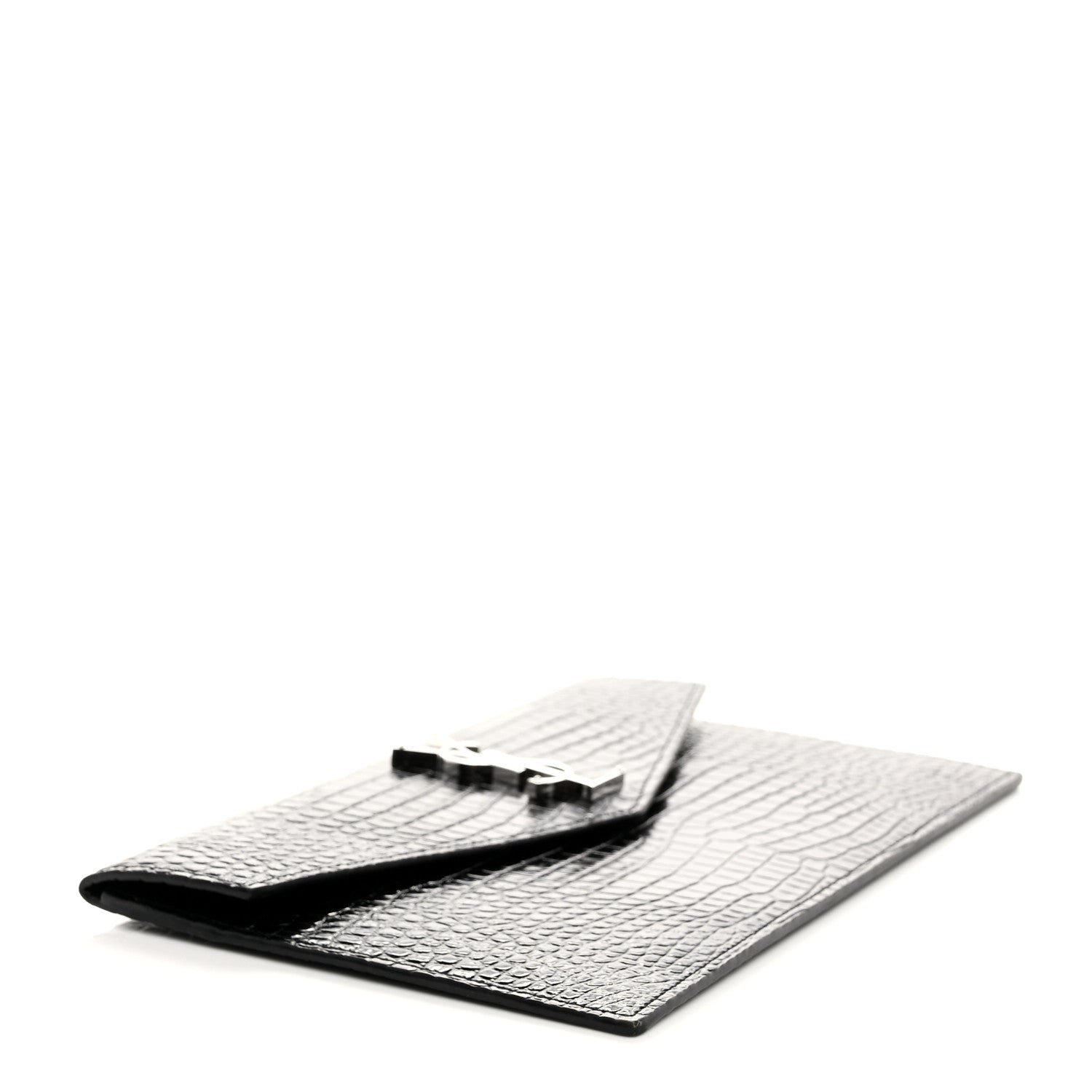 Saint Laurent Calfskin Crocodile Embossed Uptown Monogram Pouch Black 4 of 8