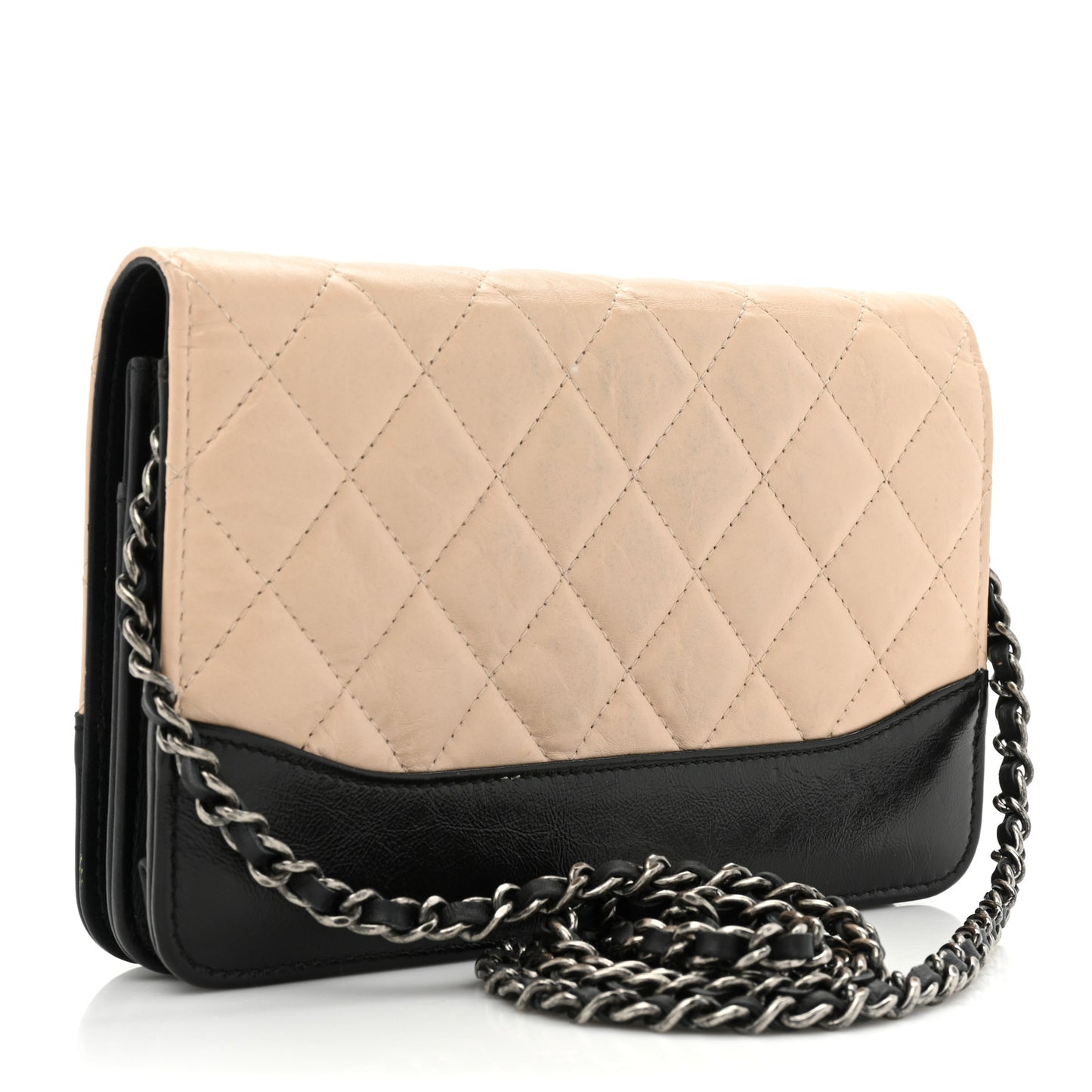 Aged Calfskin Quilted Gabrielle Wallet On Chain WOC Beige Black