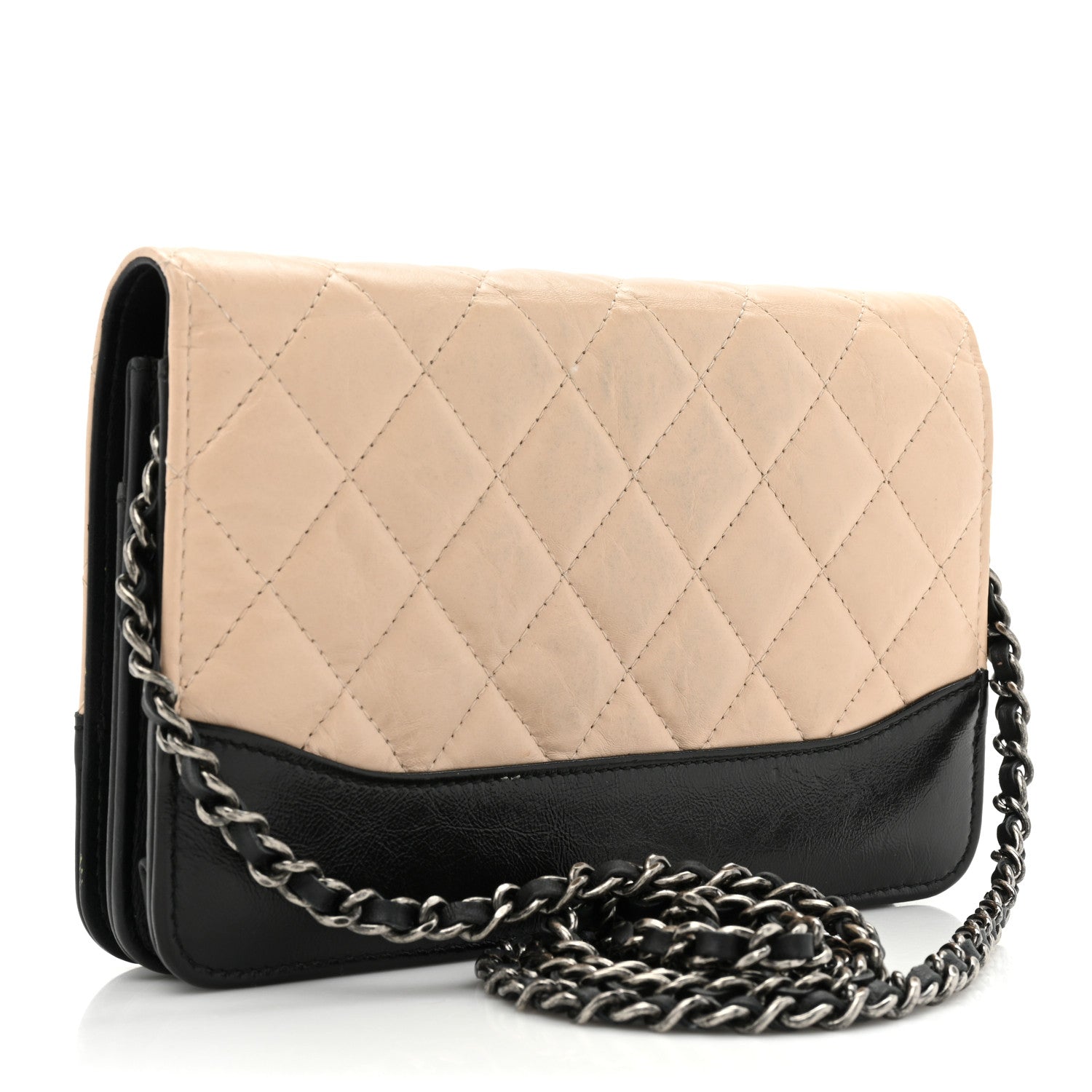 Chanel Aged Calfskin Quilted Gabrielle Wallet On Chain WOC Beige Black 3 of 18