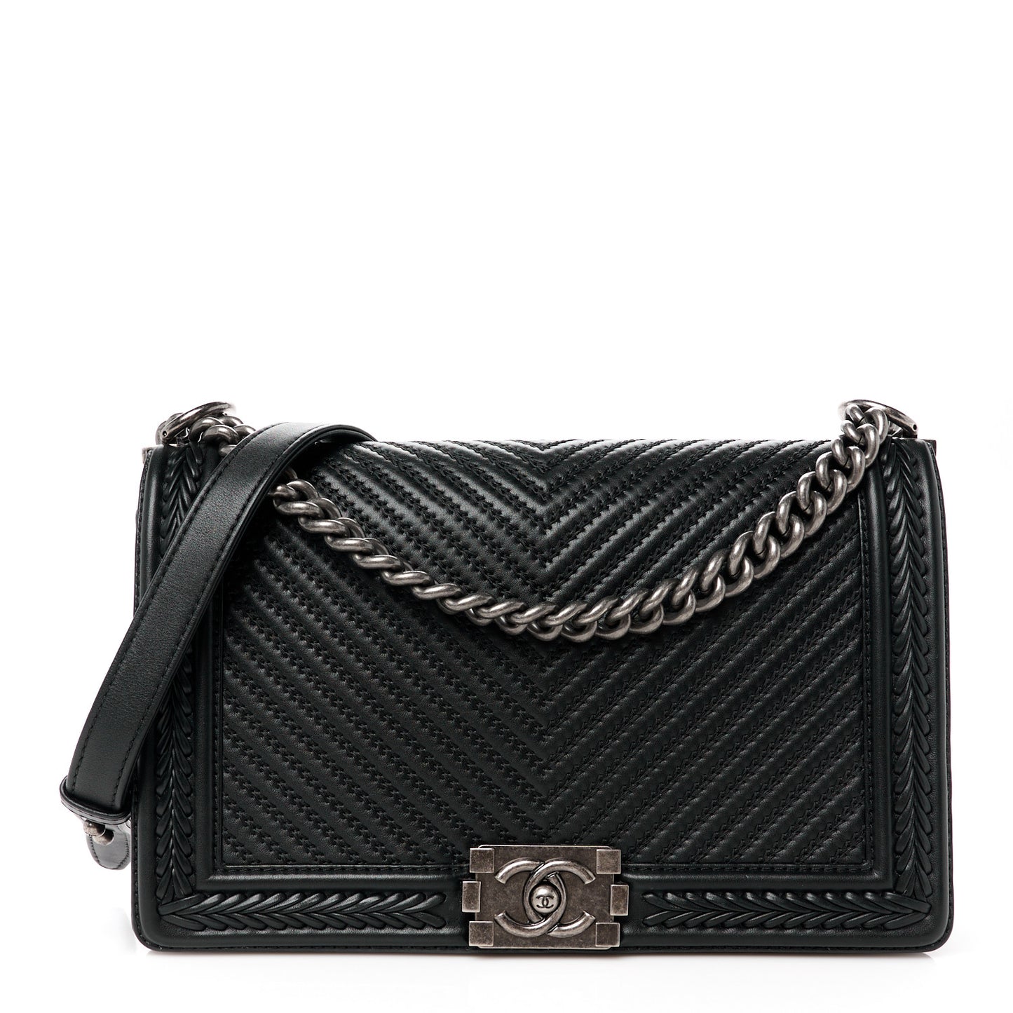 Calfskin Chevron Quilted New Medium Braided Boy Flap Black