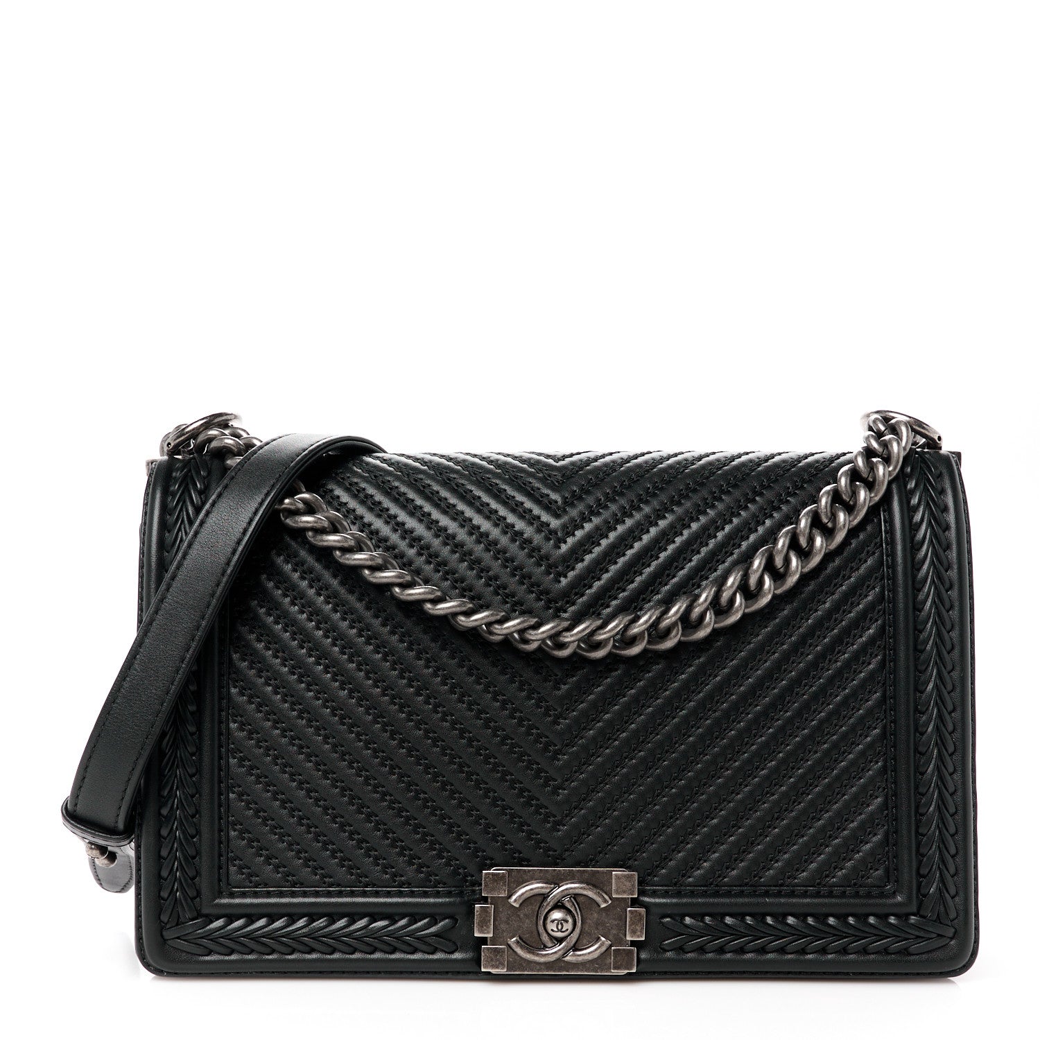 Chanel Calfskin Chevron Quilted New Medium Braided Boy Flap Black 1 of 10