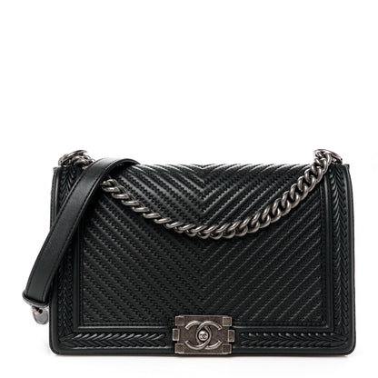 Chanel Calfskin Chevron Quilted New Medium Braided Boy Flap Black 1 of 10