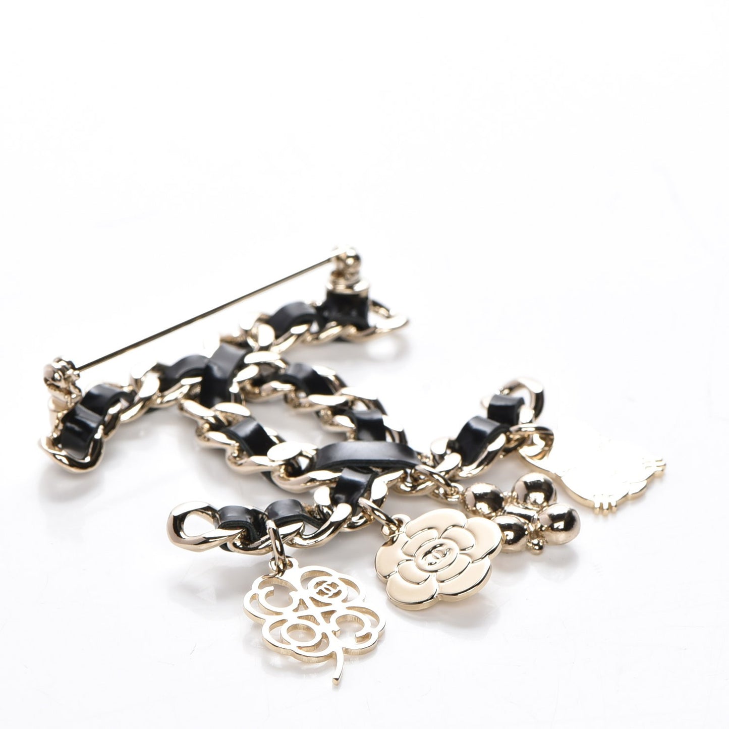 Lambskin Crystal Chain CC Charms Brooch Black Gold