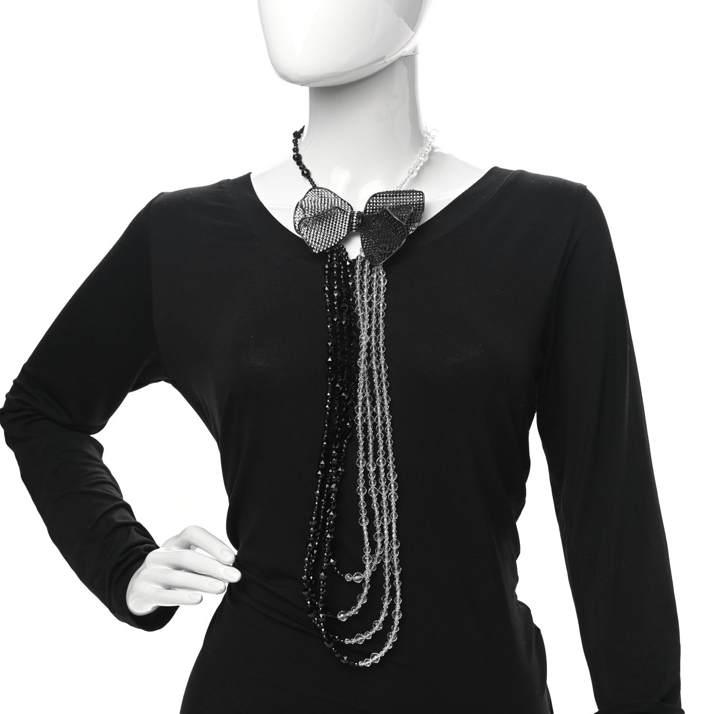 Crystal Beaded CC Bow Multi Strand Necklace Black Transparent