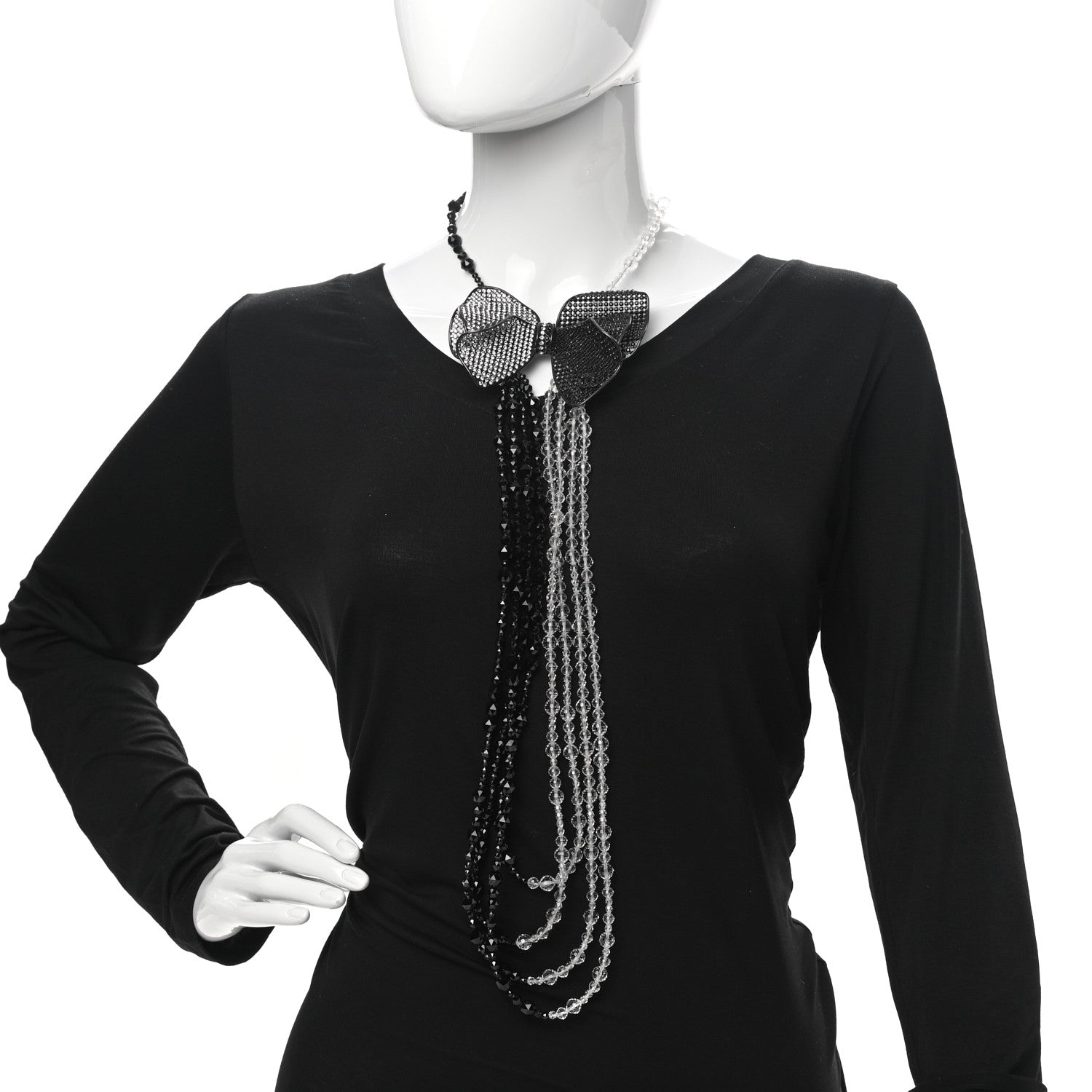 Chanel Crystal Beaded CC Bow Multi Strand Necklace Black Transparent 2 of 4
