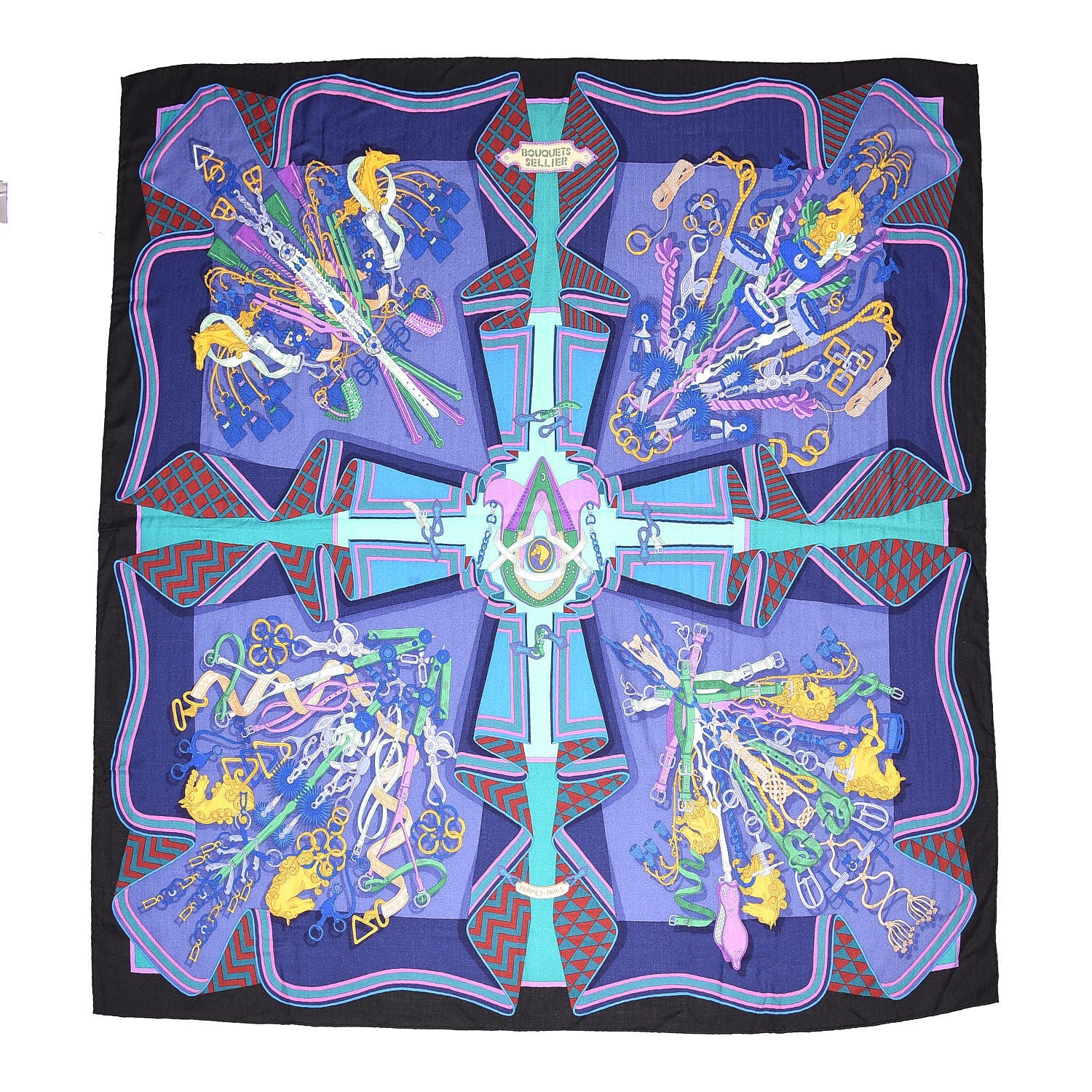 Hermes Cashmere Silk Bouquets Shawl 140 Black Violet Vert 1 of 5