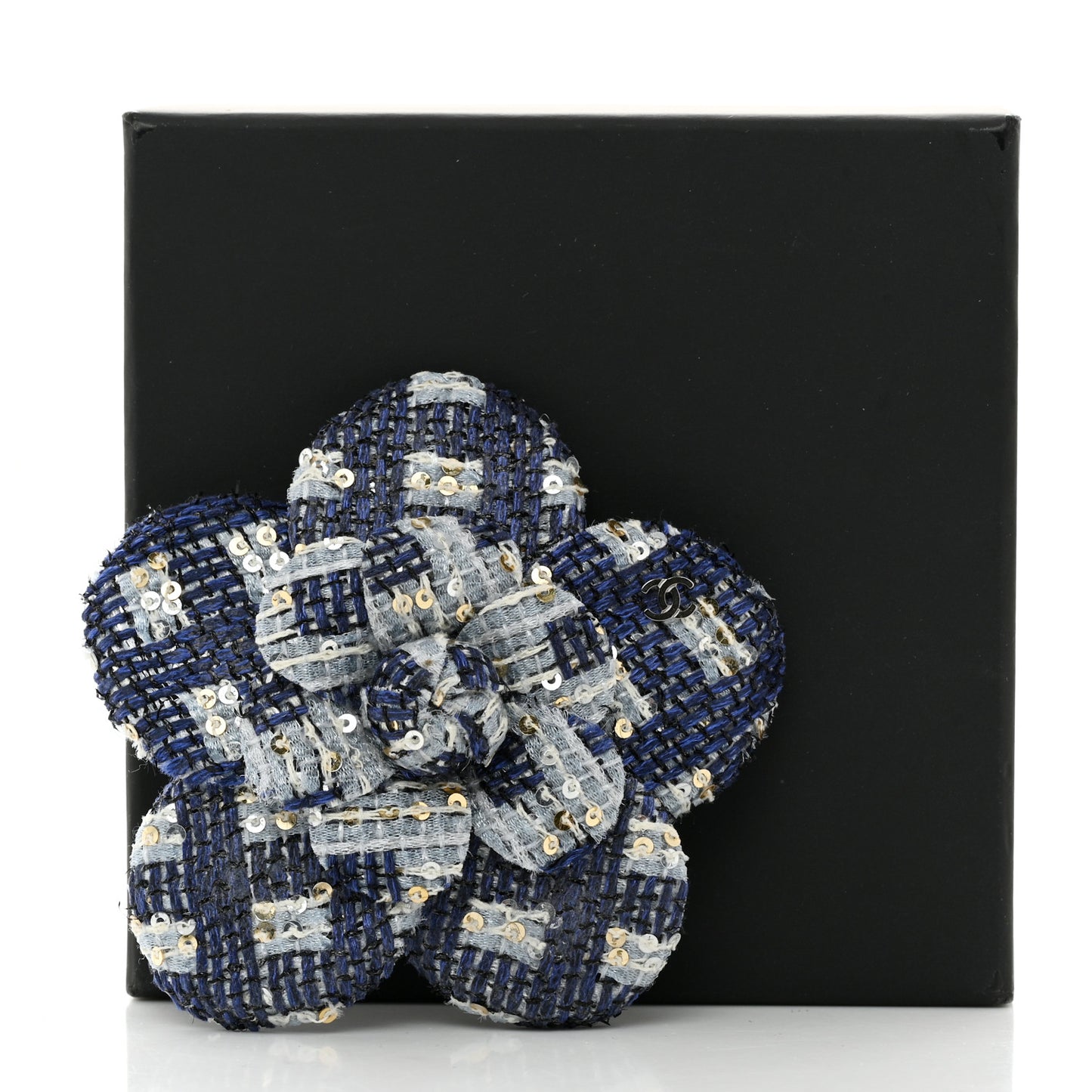 Tweed Sequin Camellia Pin Brooch Blue Multicolor