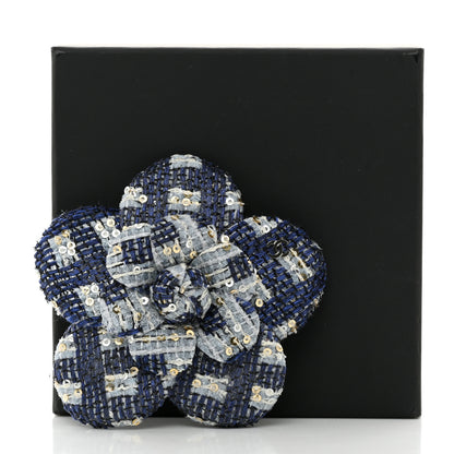 Chanel Tweed Sequin Camellia Pin Brooch Blue Multicolor 4 of 4