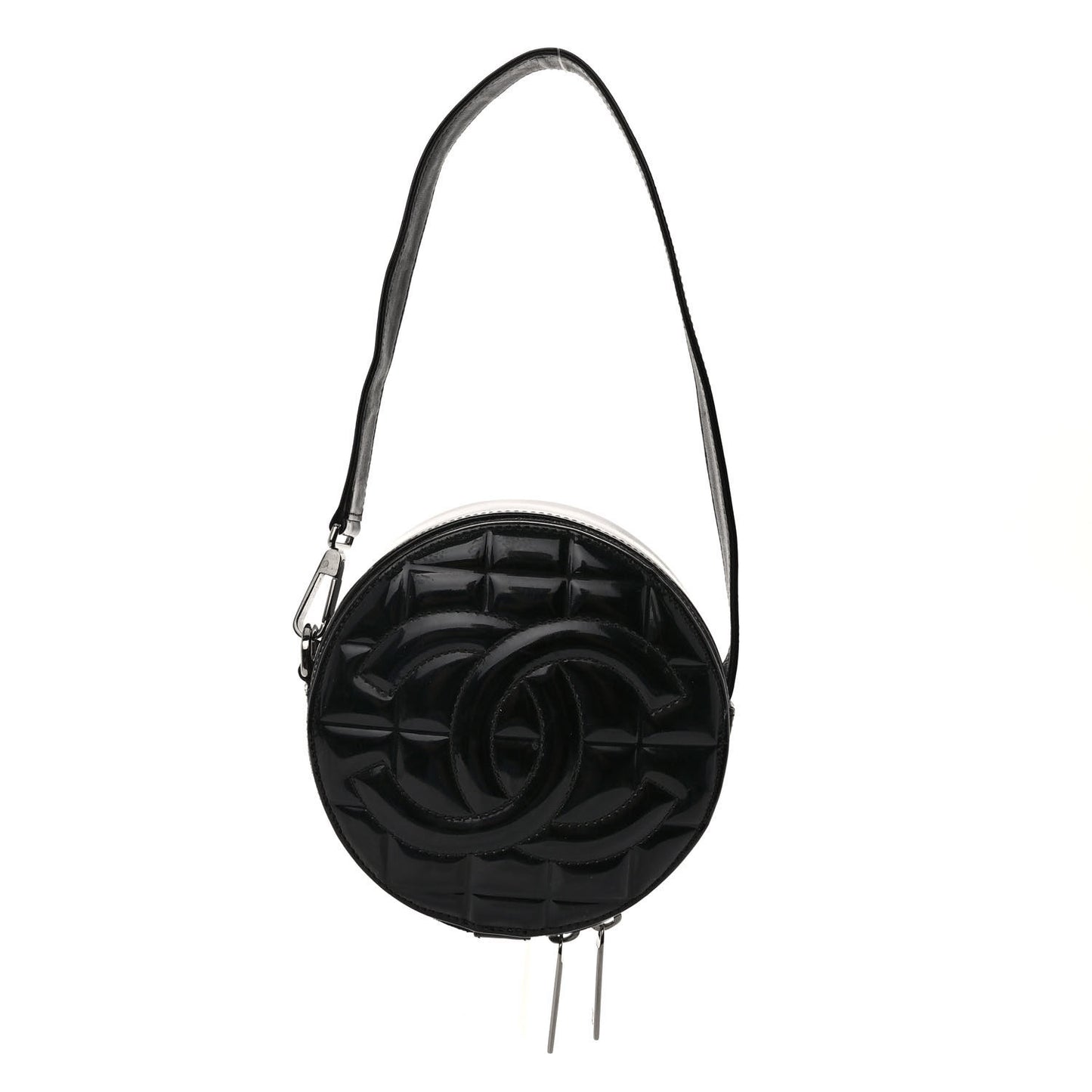 Patent Quilted CC Chocolate Bar Round Shoulder Bag Black