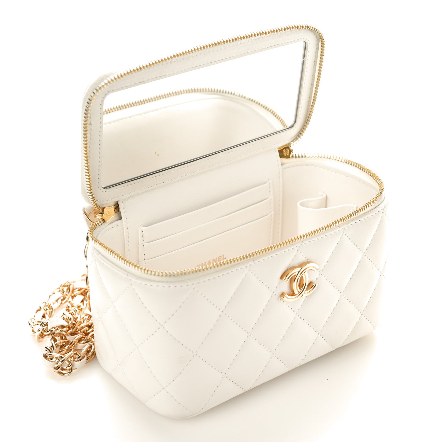 Lambskin Quilted Golden Links Top Handle Vanity Case With Chain White
