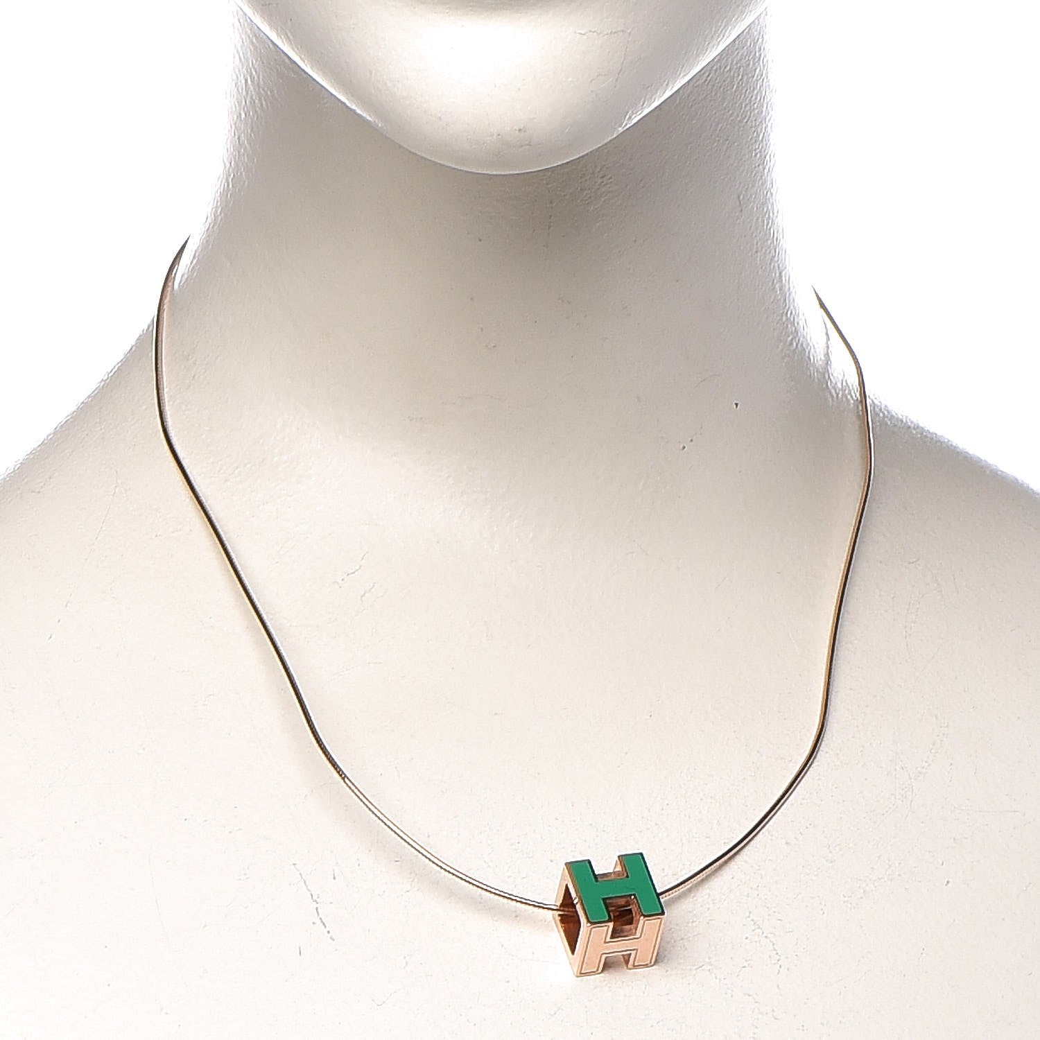 Hermes Rose Gold Lacquered Cage d'H Pendant Necklace Vert Malachite 2 of 7
