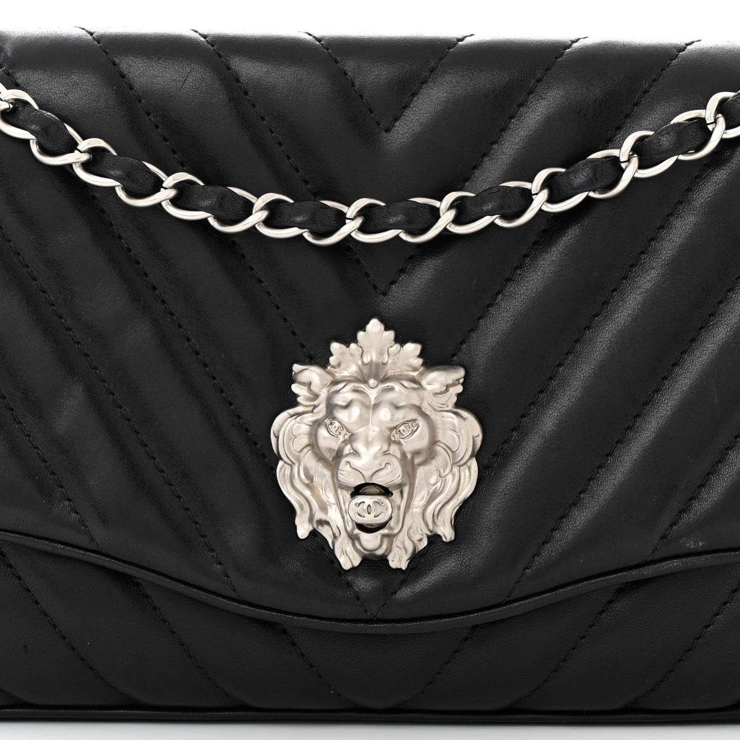 Lambskin Chevron Medium Leo Lion Flap Black