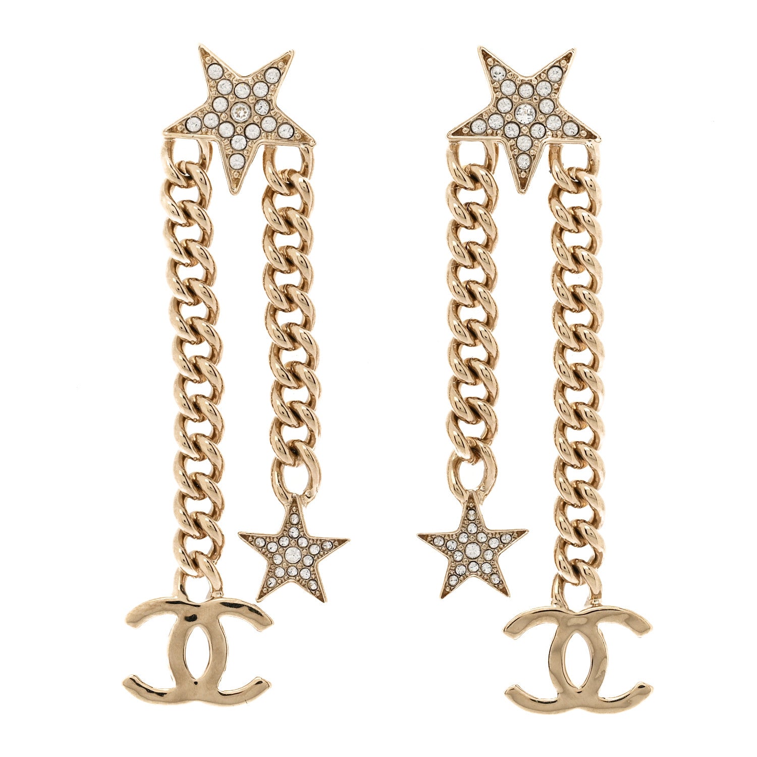 Chanel Crystal CC Star Chain Drop Earrings Gold 1 of 4
