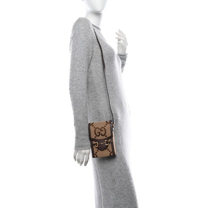 Gucci Monogram Jumbo GG Textured Dollar Calfskin Mini Horsebit 1955 Crossbody Bag Camel Ebony New Acero 2 of 10
