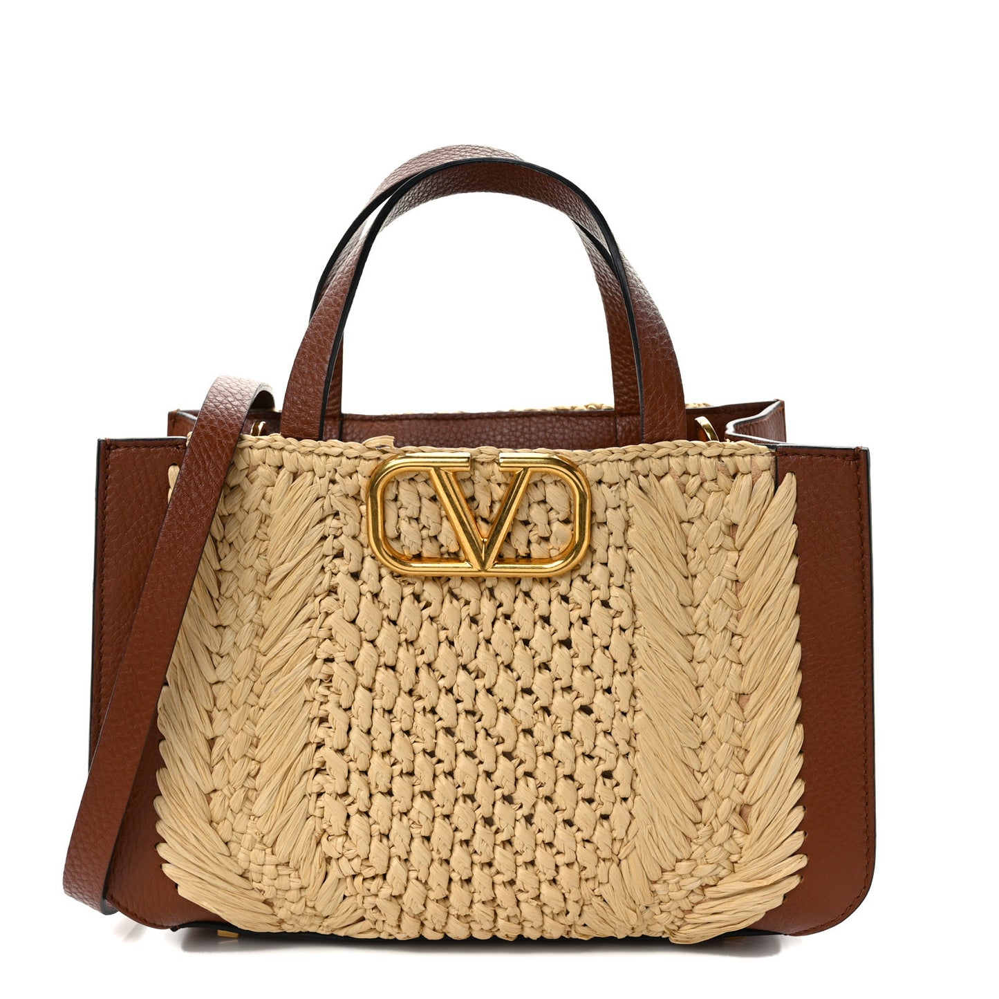 Raffia Calfskin Small Vlogo Signature Tote Natural Saddle Brown