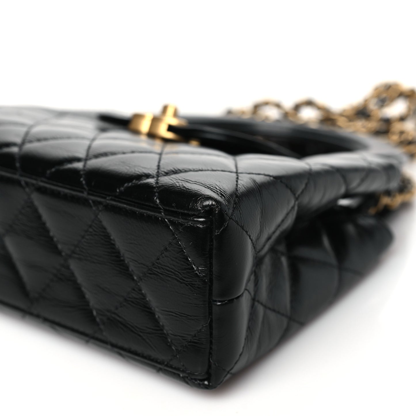 Shiny Aged Calfskin Quilted Nano Kelly Shopper Black