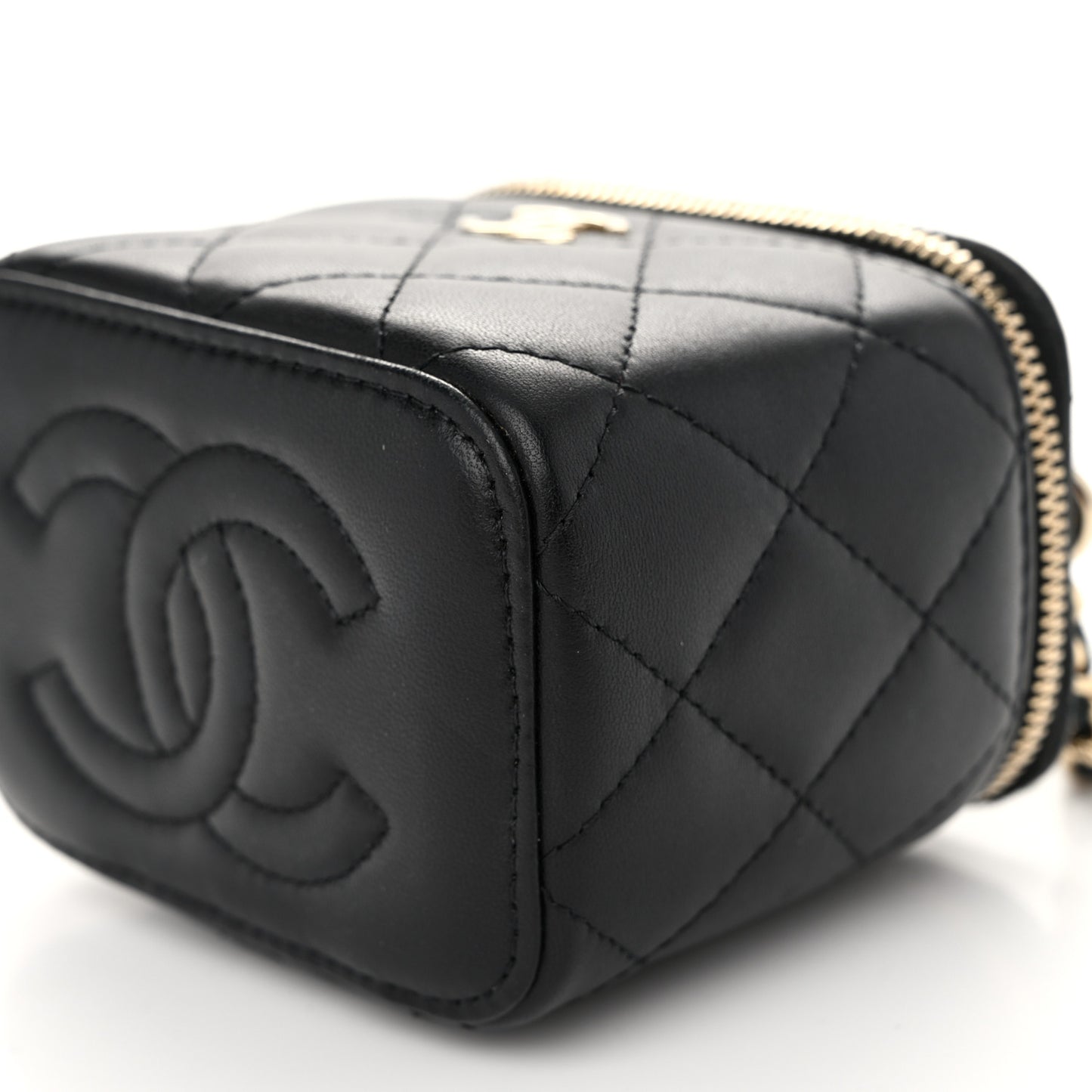 Lambskin Quilted Top Handle Mini Vanity Case With Chain Black