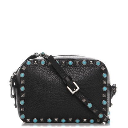 Valentino Garavani Grained Calfskin Turquoise Rockstud Rolling Camera Crossbody Bag Black 1 of 9