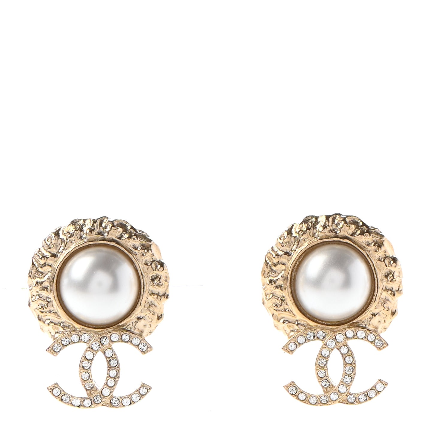 Crystal Pearl Textured CC Round Drop Earrings Gold