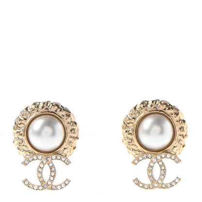 Chanel Crystal Pearl Textured CC Round Drop Earrings Gold 1 of 4