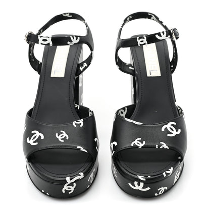 Chanel Printed Lambskin CC Platform Sandals 39.5 Black White 2 of 9
