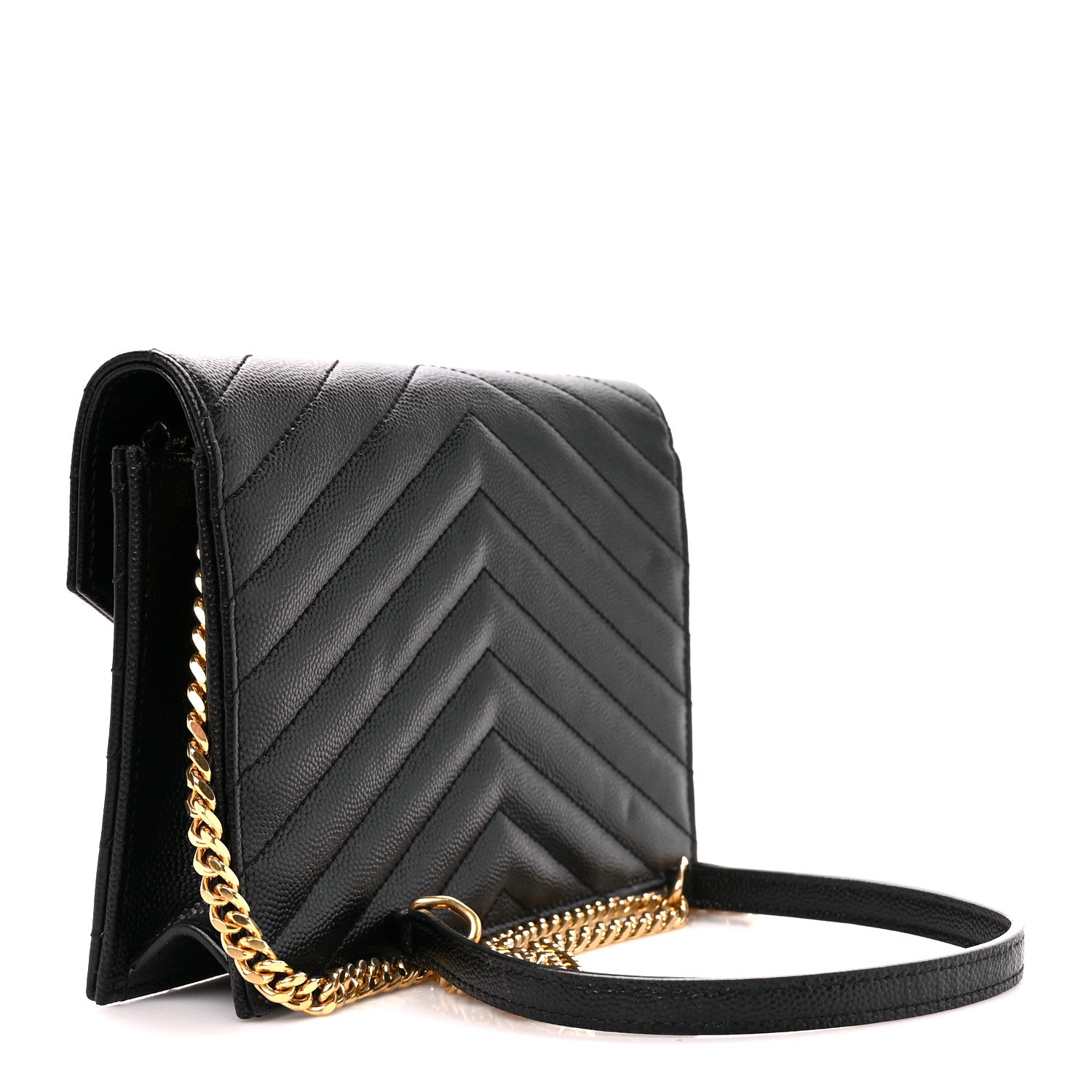 Saint Laurent Grain De Poudre Matelasse Chevron Monogram Envelope Chain Wallet Black 3 of 11