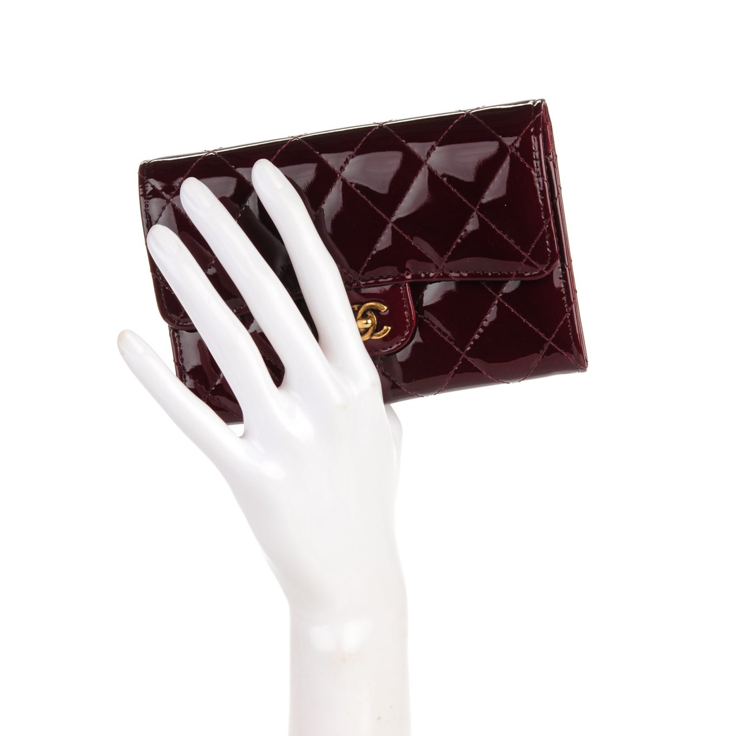 Patent Calfskin Quilted Small Flap Wallet Burgundy