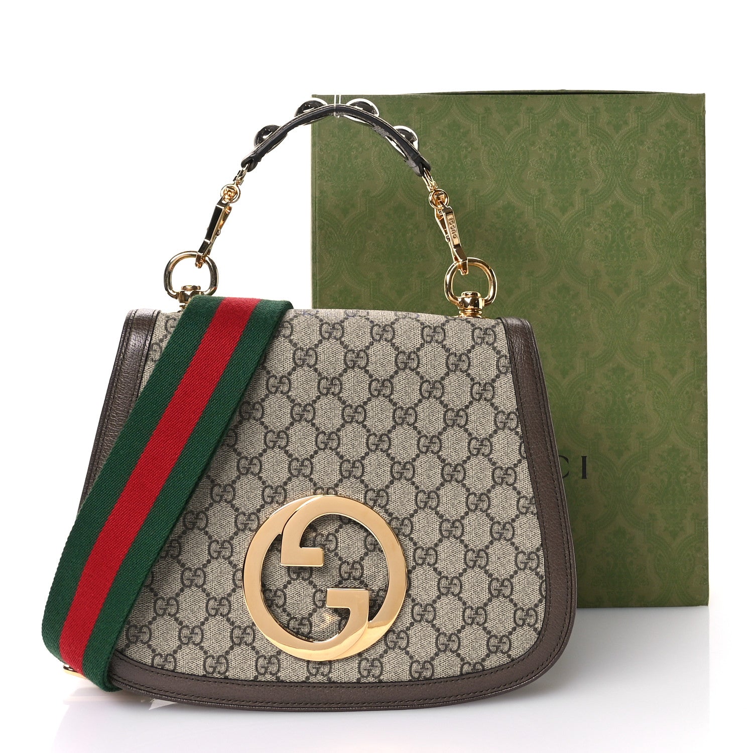Gucci GG Supreme Monogram Textured Dollar Calfskin Web Medium Blondie Top Handle Shoulder Flap Bag Beige Ebony New Acero 11 of 11