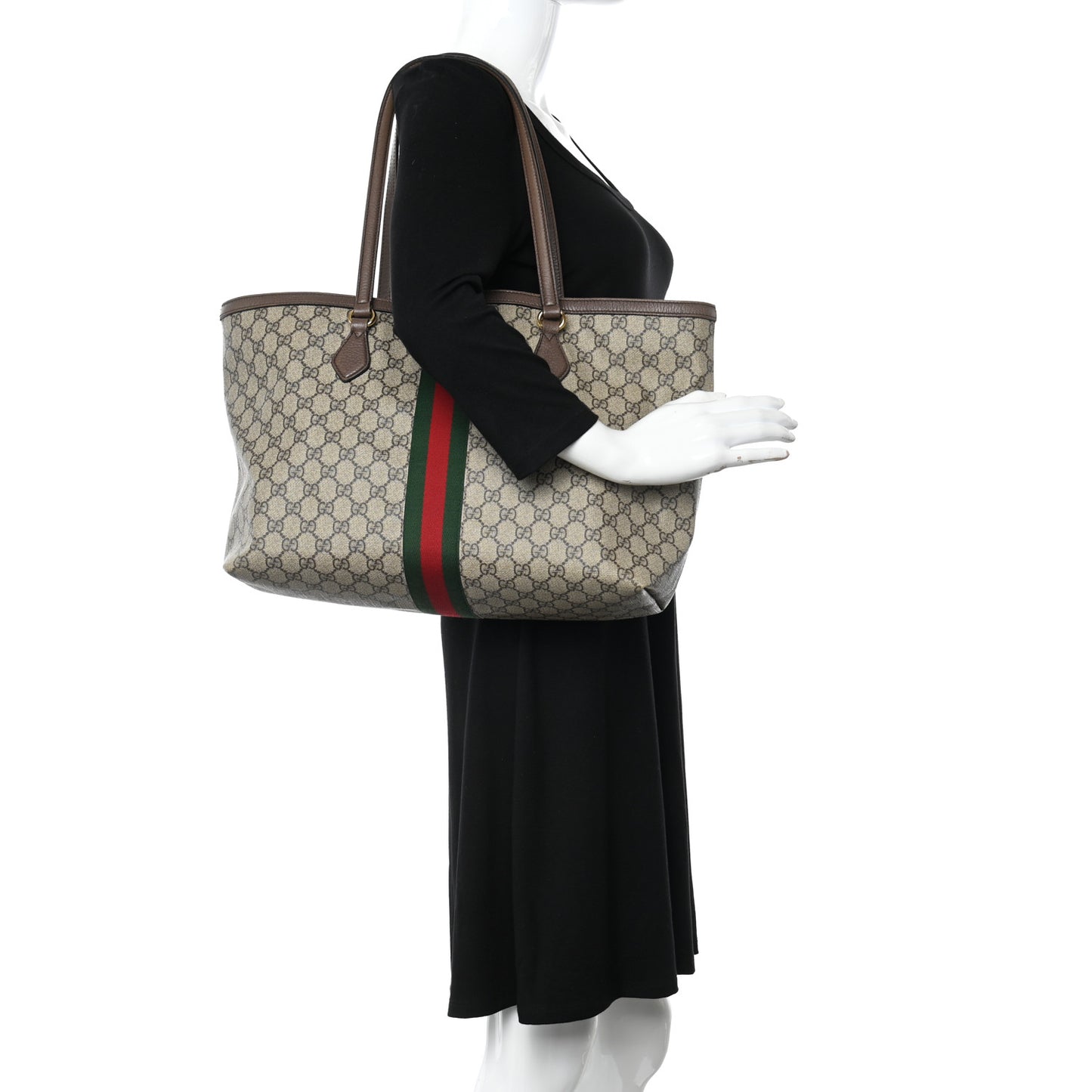 GG Supreme Monogram Textured Calfskin Web Medium Ophidia Shopping Tote Beige Ebony New Acero