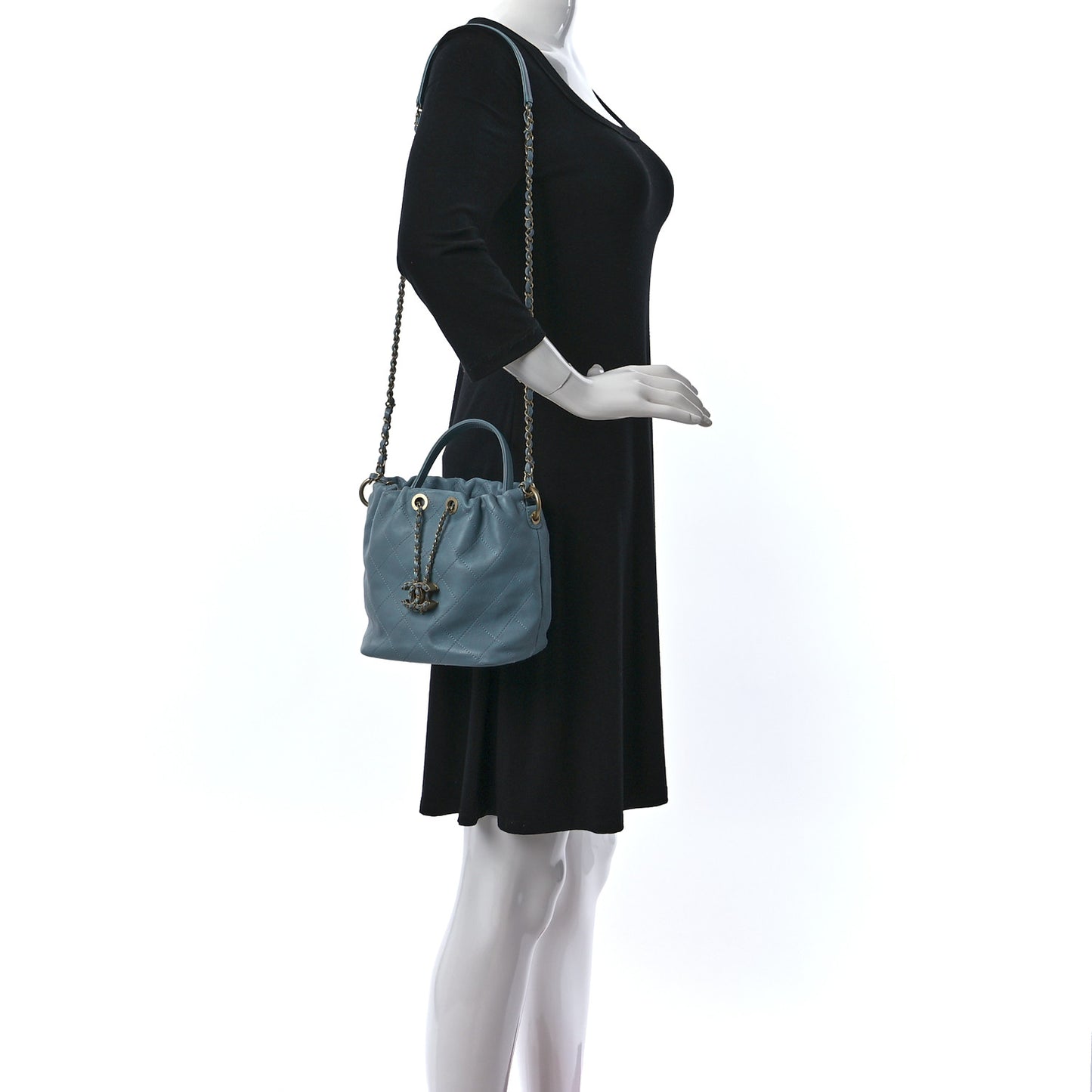 Lambskin Quilted Antique Signs Drawstring Bag Blue