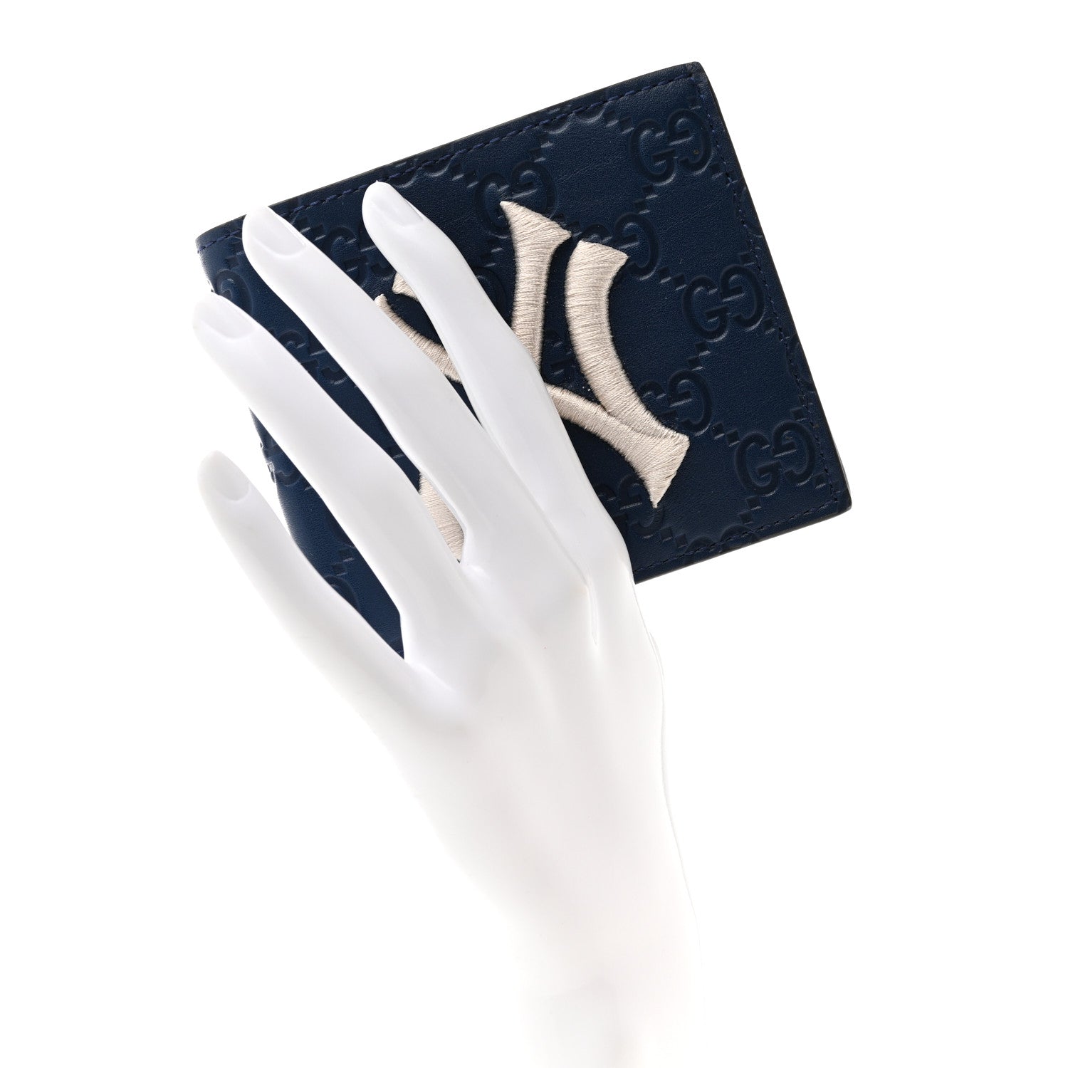 Gucci X MLB Guccissima Signature NY Yankees Embroidered Bi-Fold Wallet Royale Ivory 2 of 6