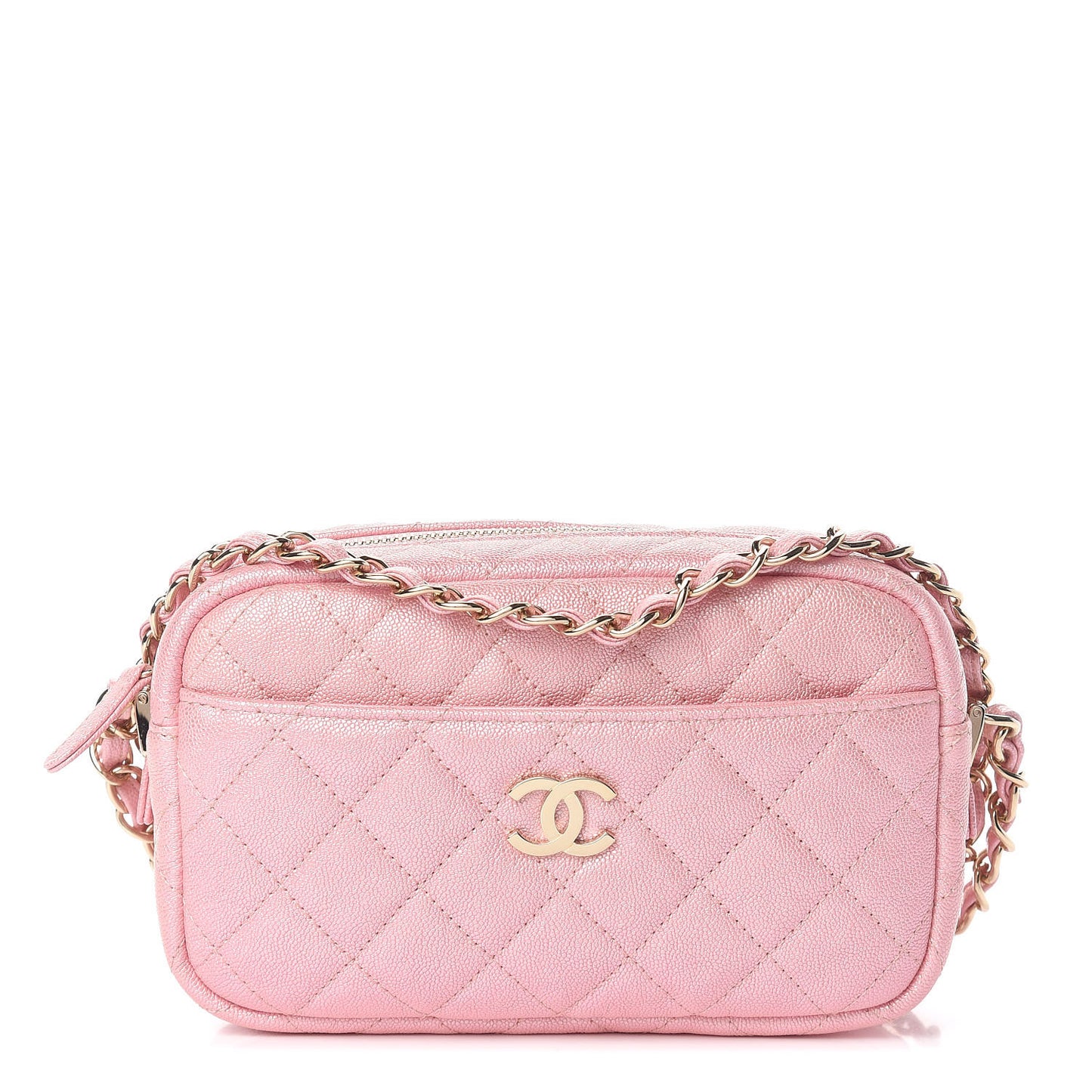 Iridescent Caviar Quilted Small Timeless Camera Case Pink