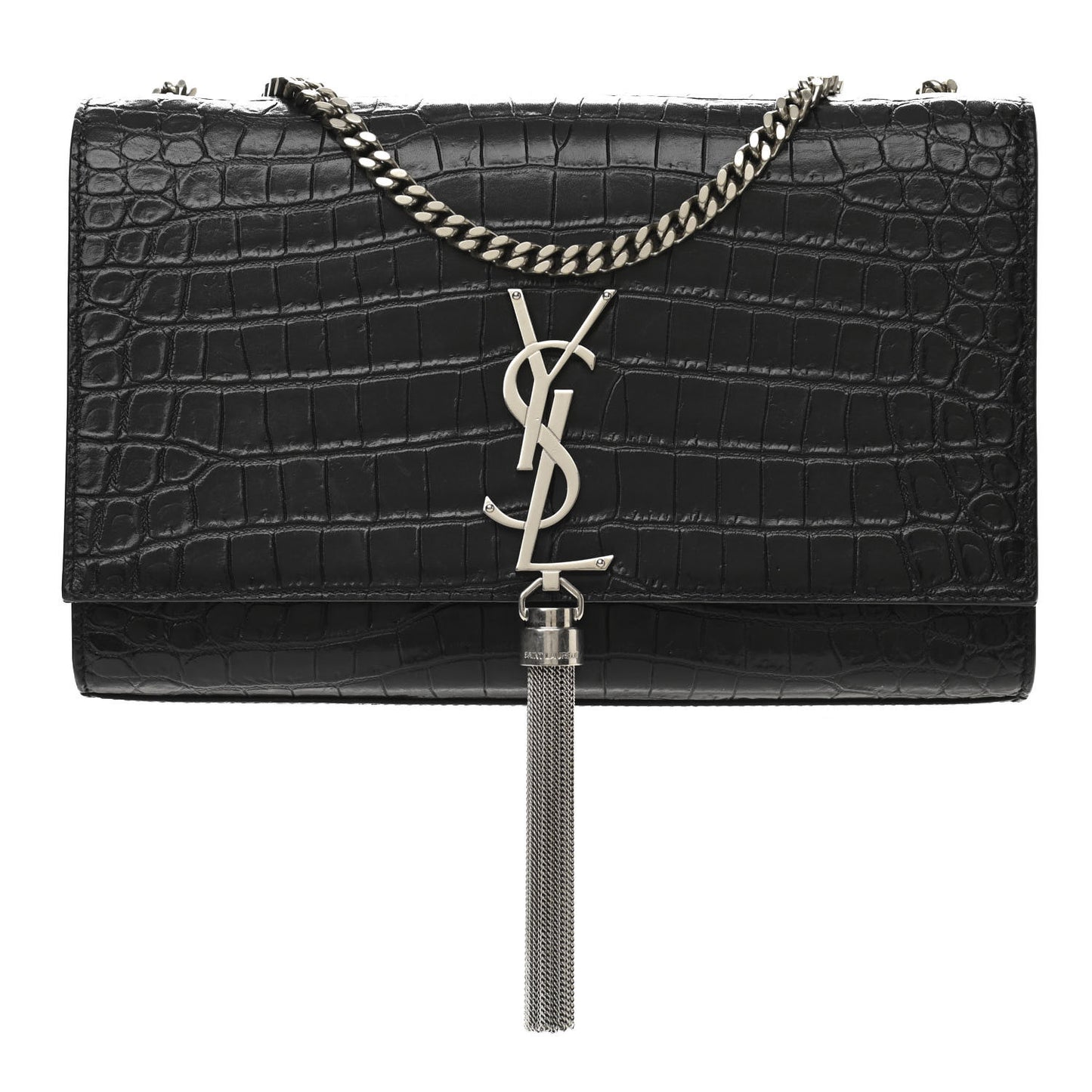 Calfskin Crocodile Embossed Medium Classic Monogram Kate Tassel Satchel Black