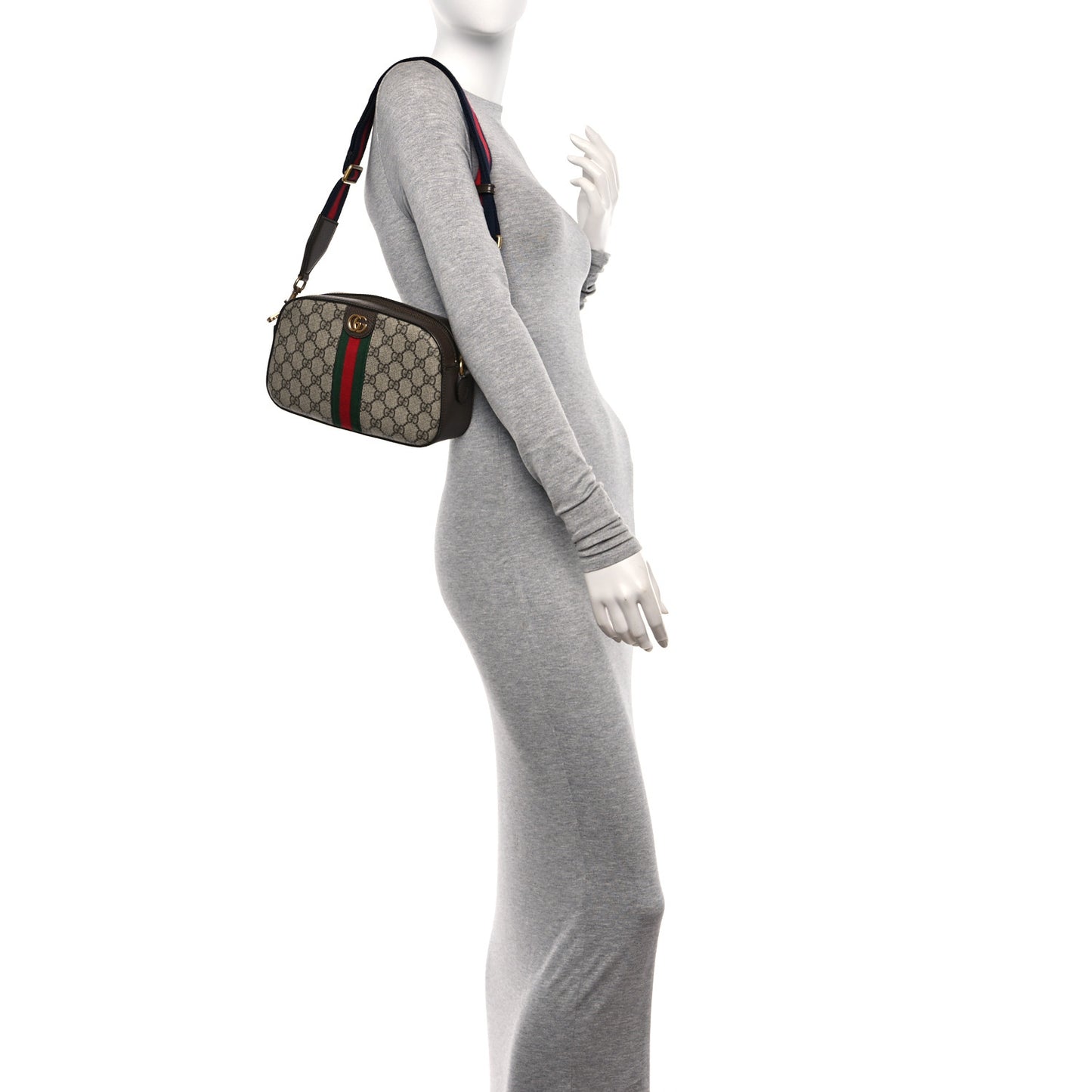 GG Supreme Monogram Textured Dollar Calfskin Web Ophidia Wristlet Shoulder Bag Beige Ebony New Acero
