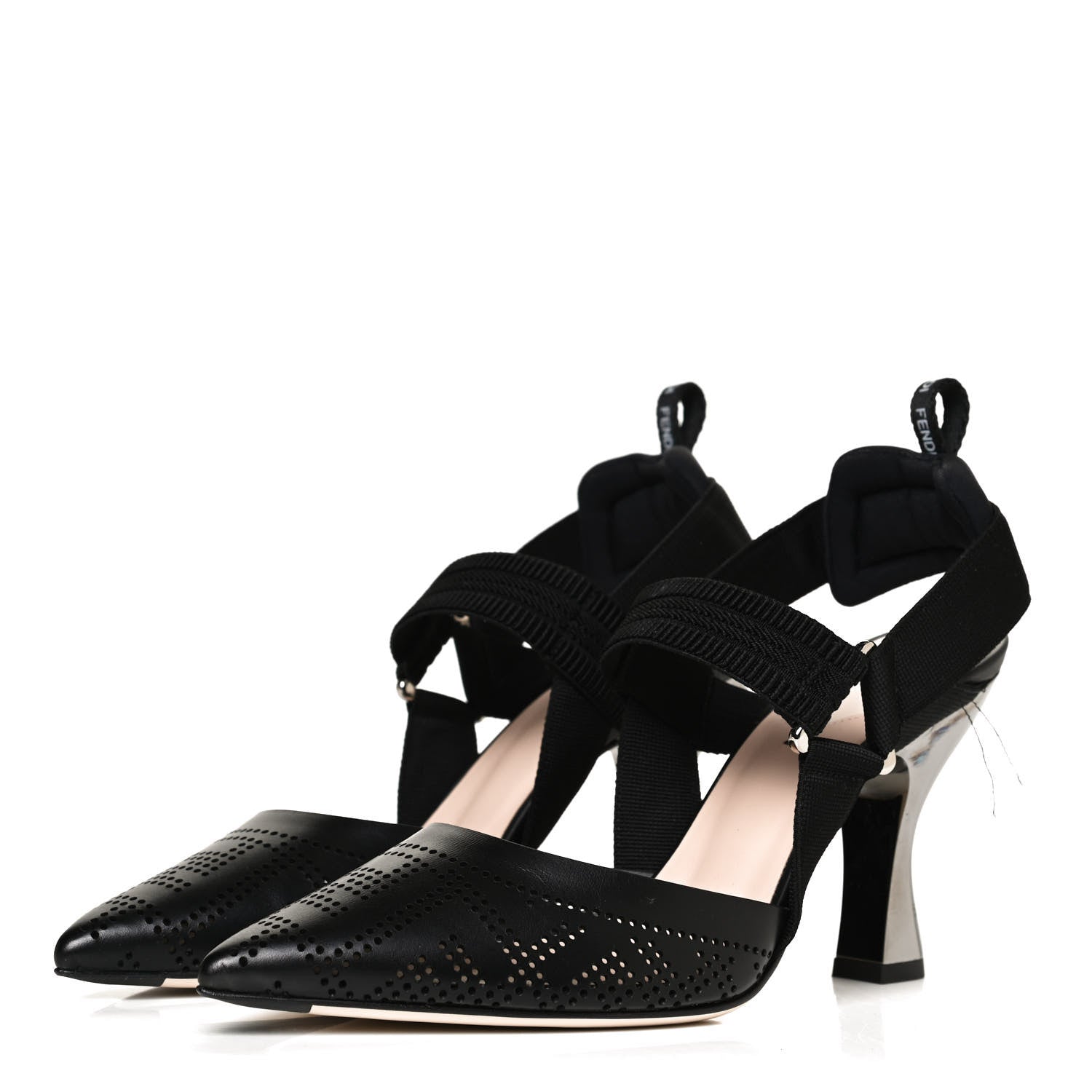 Fendi FF Perforated Calfskin Slingback Mid-Heel Pumps 38 Black 3 of 10