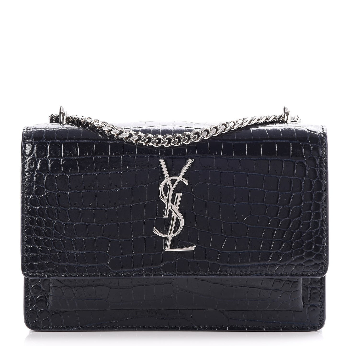 Calfskin Crocodile Embossed Monogram Sunset Chain Wallet Navy