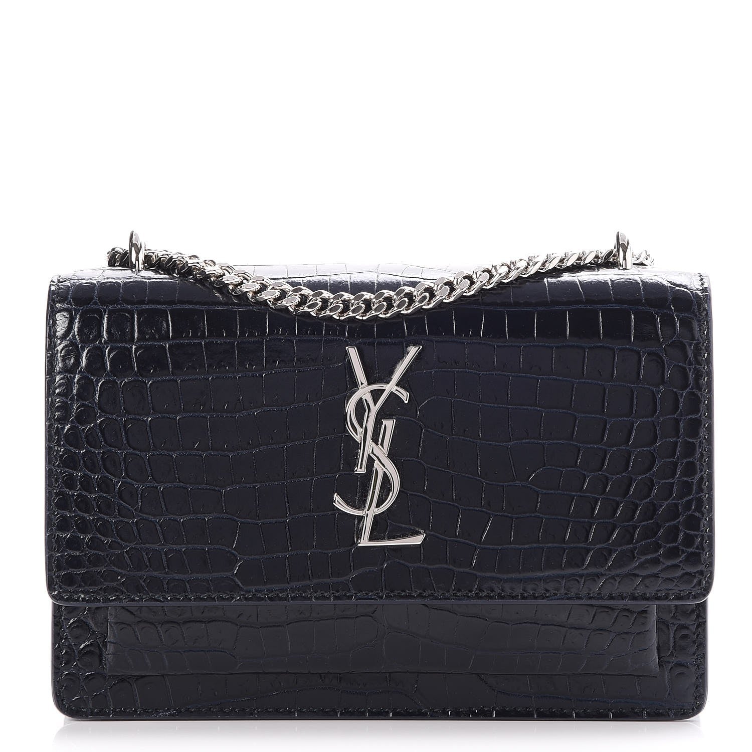 Saint Laurent Calfskin Crocodile Embossed Monogram Sunset Chain Wallet Navy 1 of 7