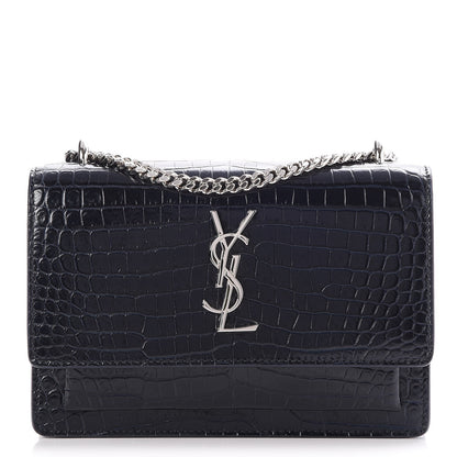 Saint Laurent Calfskin Crocodile Embossed Monogram Sunset Chain Wallet Navy 1 of 7