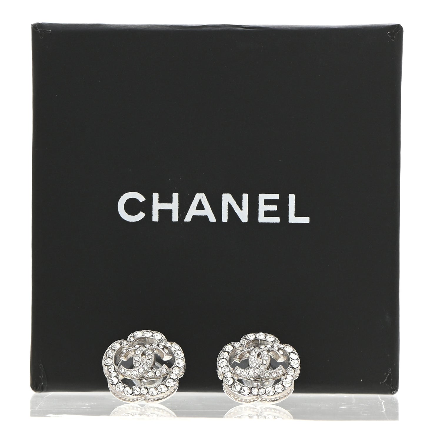 Crystal Coco Flapper Camellia CC Stud Earrings Silver