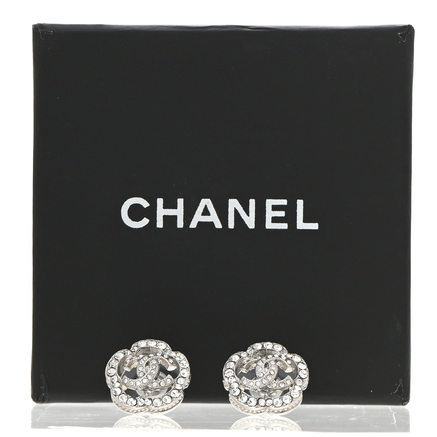 Chanel Crystal Coco Flapper Camellia CC Stud Earrings Silver 5 of 5