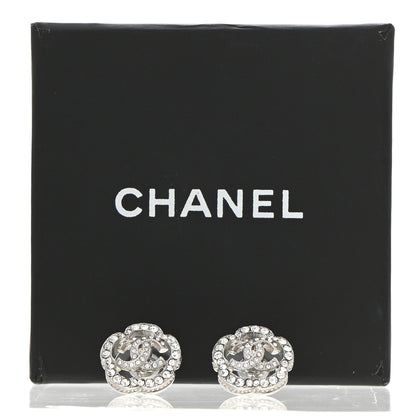 Chanel Crystal Coco Flapper Camellia CC Stud Earrings Silver 5 of 5