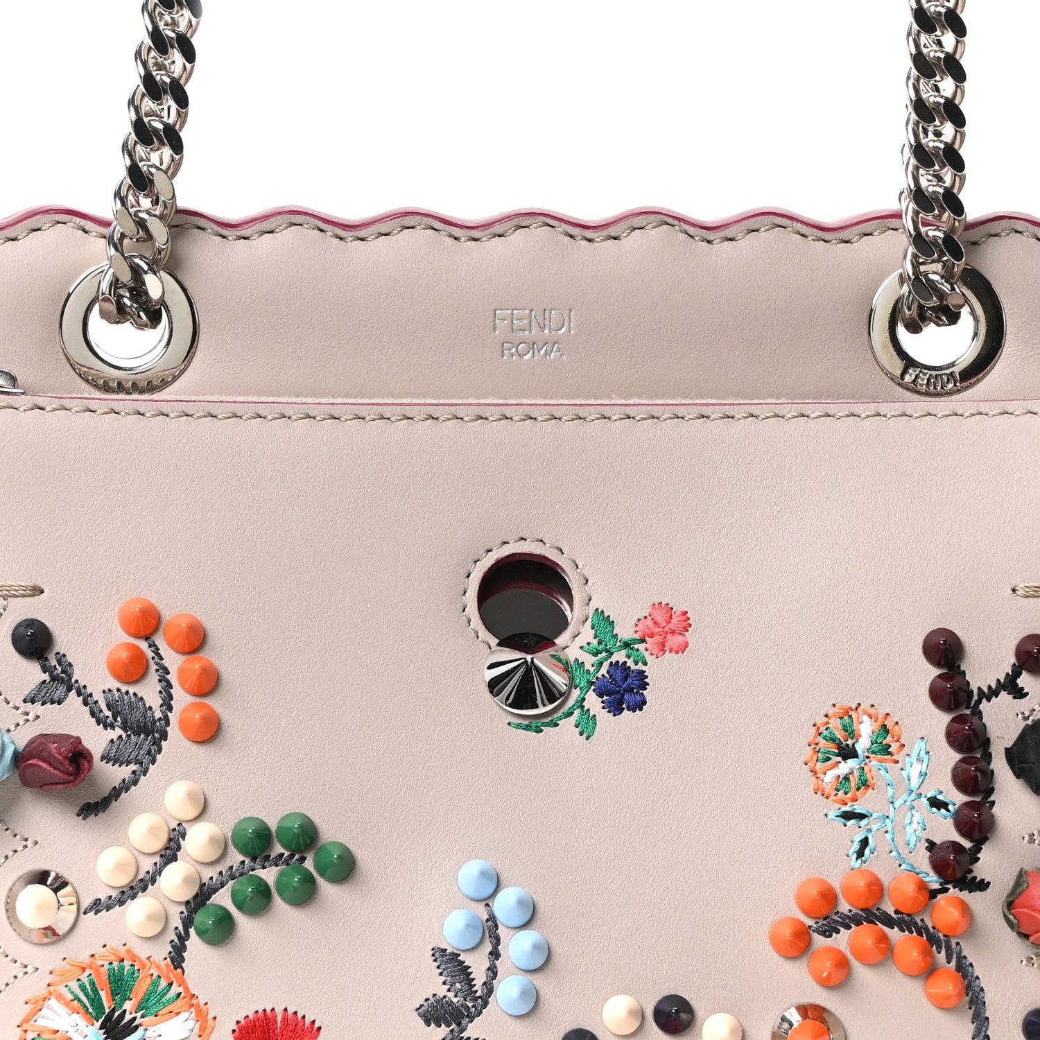 Fendi Vitello Baltico Nappa Flowerland Studded Small Dotcom Click Chain Satchel Grey Powder Multicolor 8 of 10