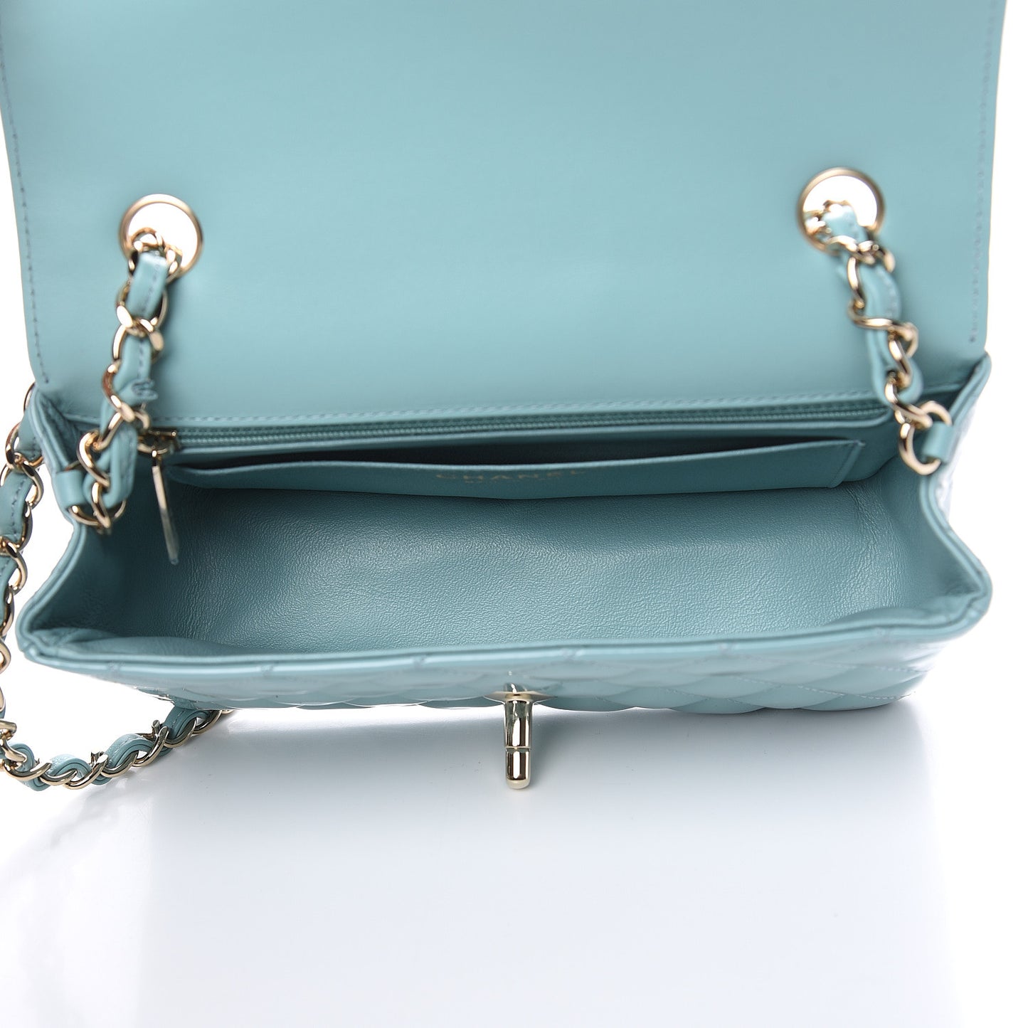 Patent Calfskin Quilted Mini Rectangular Flap Light Blue