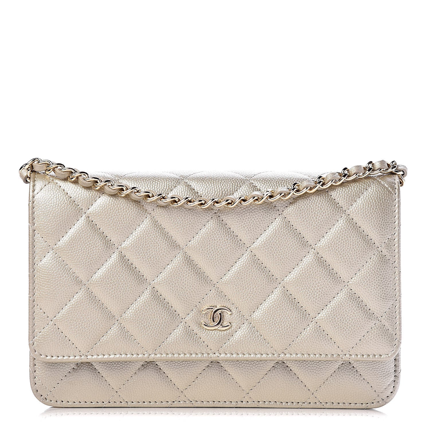 Chanel Pearly Caviar Quilted Wallet On Chain WOC Light Gold 1 of 12