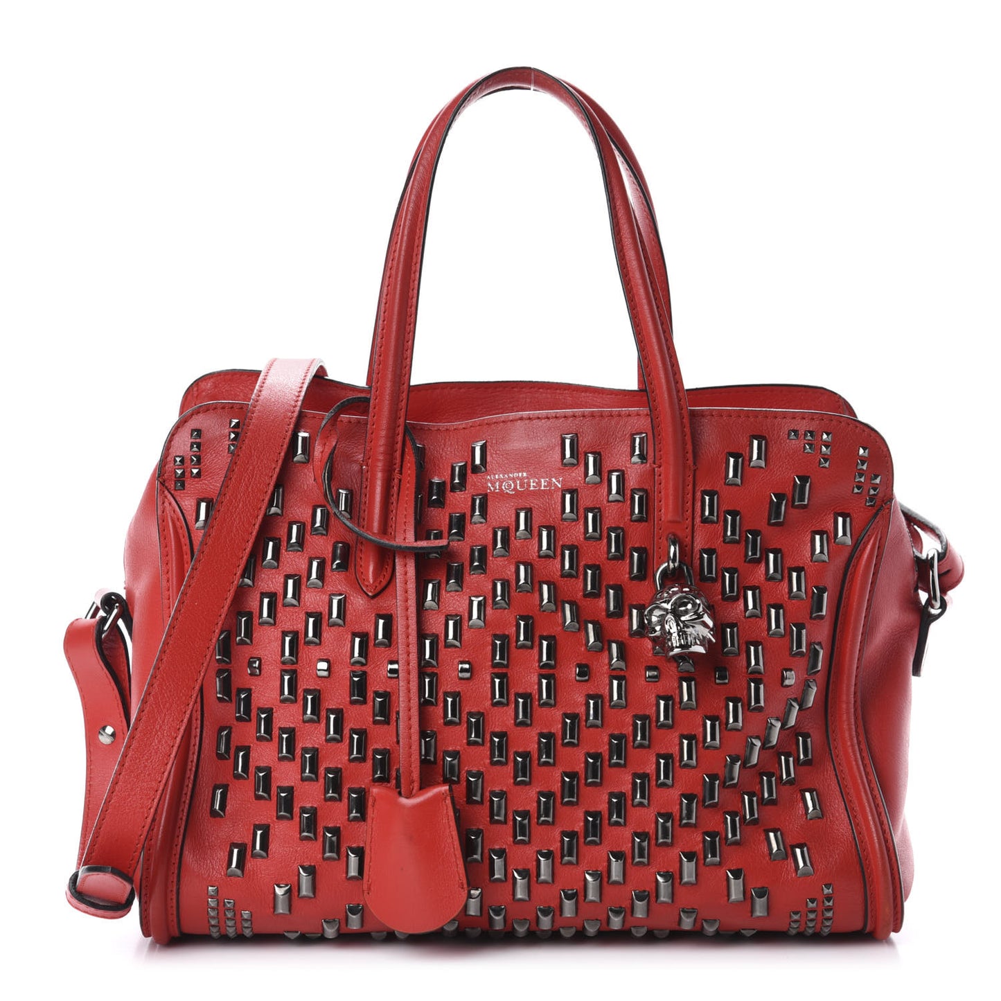 Calfskin Small Studded Padlock Zip Around Tote Red