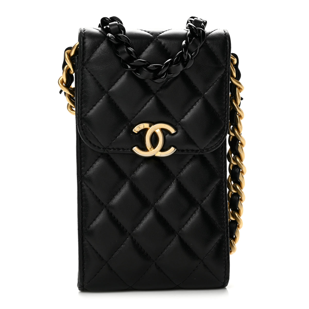 Lambskin Quilted Lacquered Chain Phone Holder With Chain Black