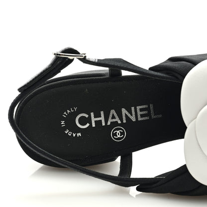 Chanel Shiny Fabric Grosgrain Cap Toe Camellia Bow Slingback Pumps 39 Black 7 of 9
